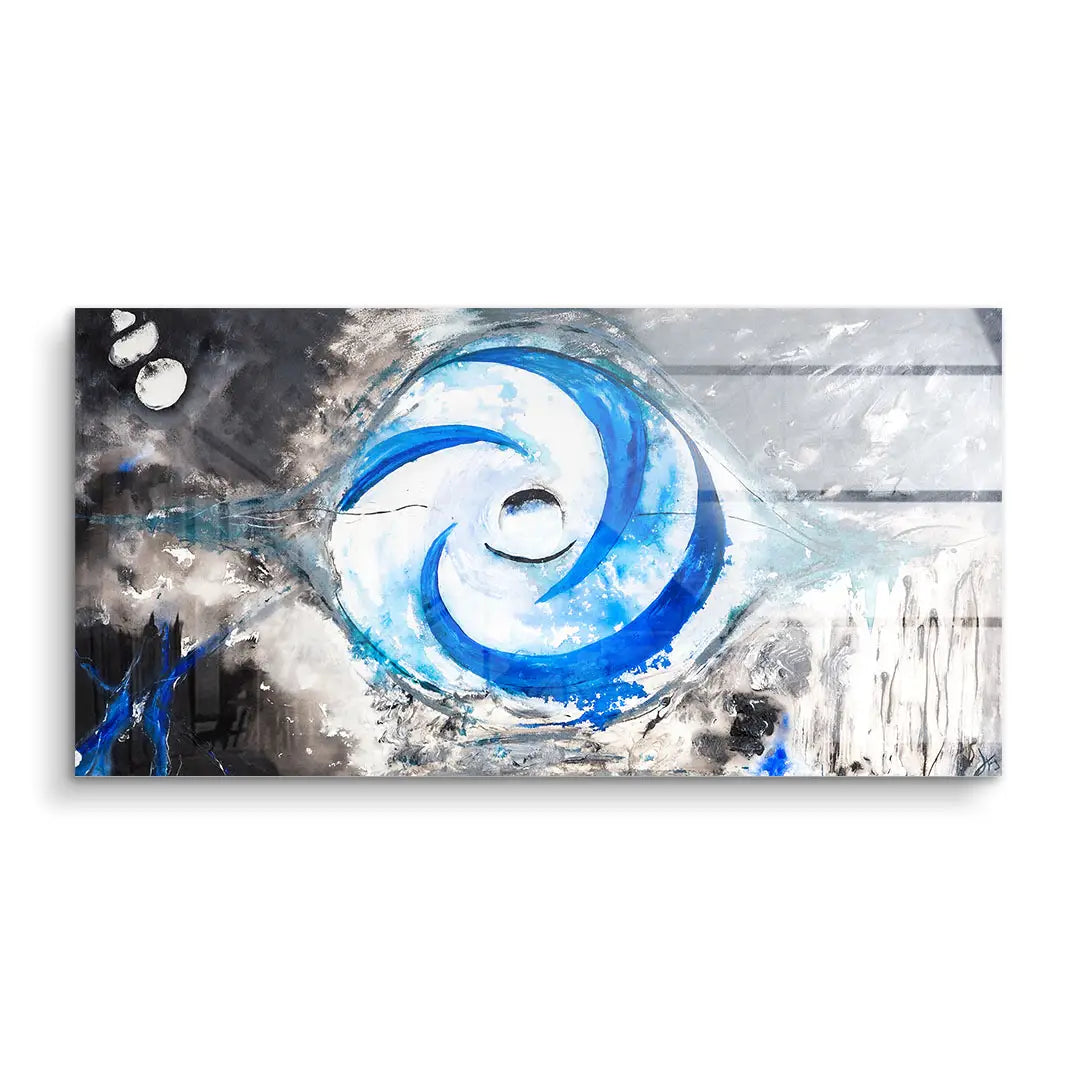Abstraktes Wandbild mit blauem Wirbel auf Acrylglas, moderne Kunst, weiß-grauer Hintergrund