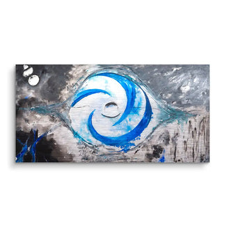 Abstraktes Wandbild mit blauem Wirbel, Silber- und Grautönen, moderner Kunststil