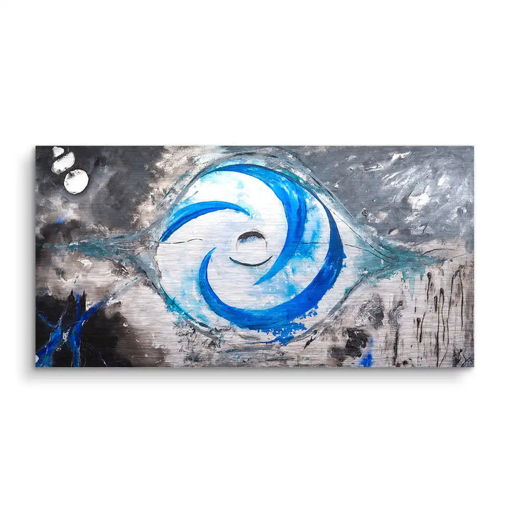 Abstraktes Wandbild mit blauem Wirbel, Silber- und Grautönen, moderner Kunststil