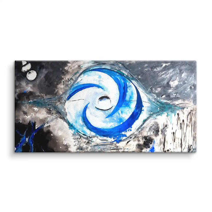 Abstraktes Wandbild mit blauem Strudel auf grauem Hintergrund, moderne Kunst auf Leinwand