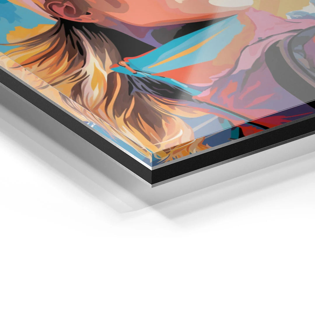 Detail eines bunten Wandbilds aus Acrylglas mit Ski-Frau Motiv, moderne Kunst