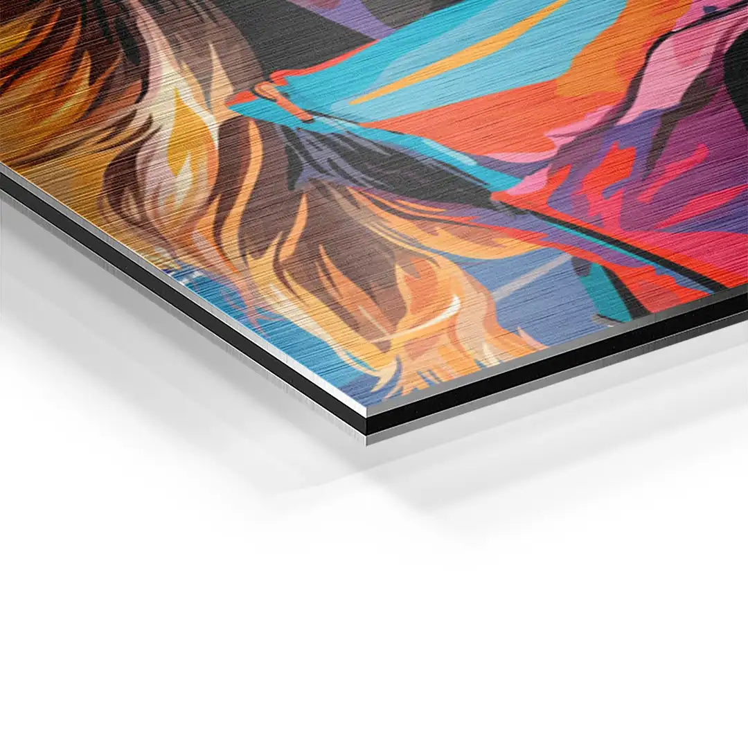 Detailansicht buntes Wandbild Ski-Fahrerin auf Aluminium, moderne Kunst