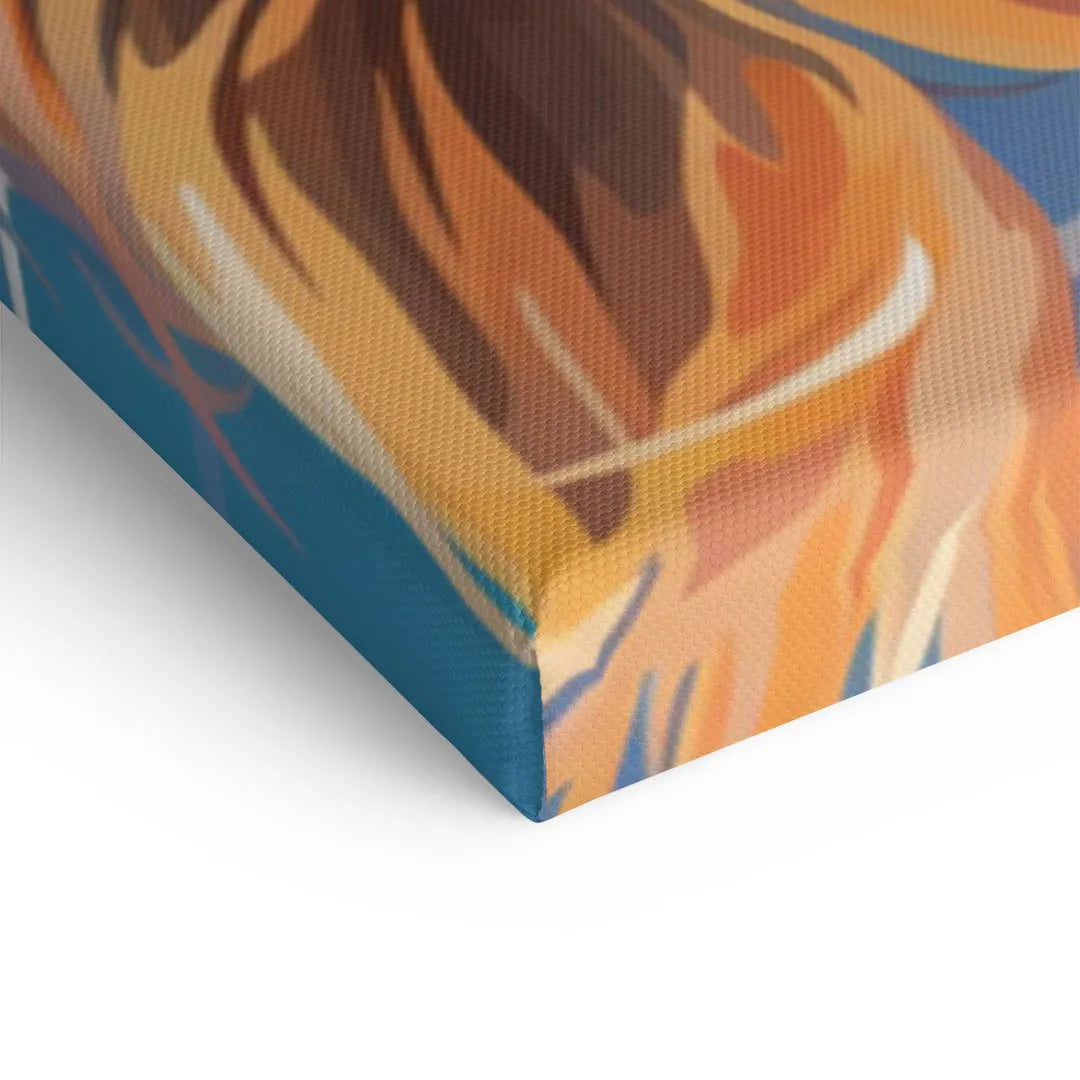 Detail des Wandbilds auf Leinwand mit abstraktem, buntem Motiv in Orange und Blau