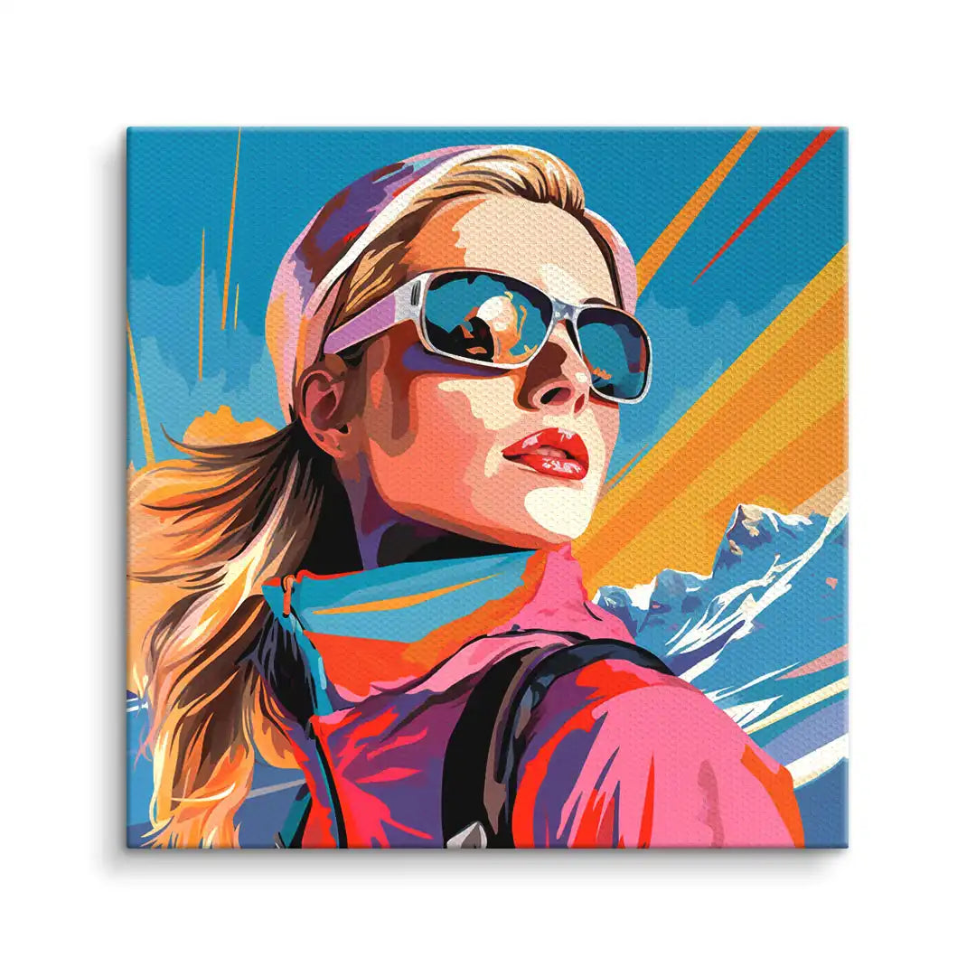 Modernes Wandbild einer Skifahrerin mit Sonnenbrille vor Bergen, Pop Art Stil