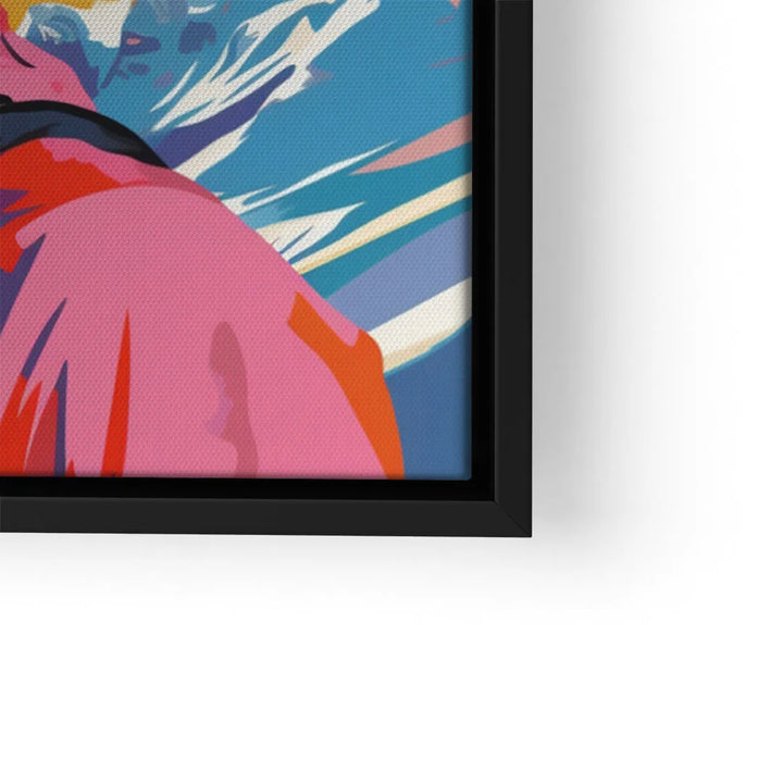 Modernes Wandbild mit farbenfroher Skifahrerin im Pop Art Stil, gerahmt