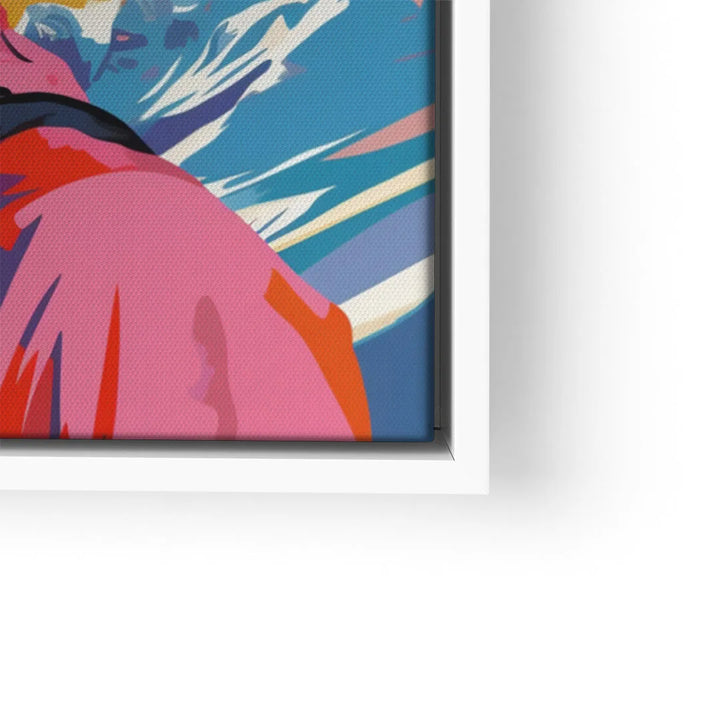 Modernes Wandbild mit bunter Ski-Frau in rosa Jacke vor blauem Hintergrund