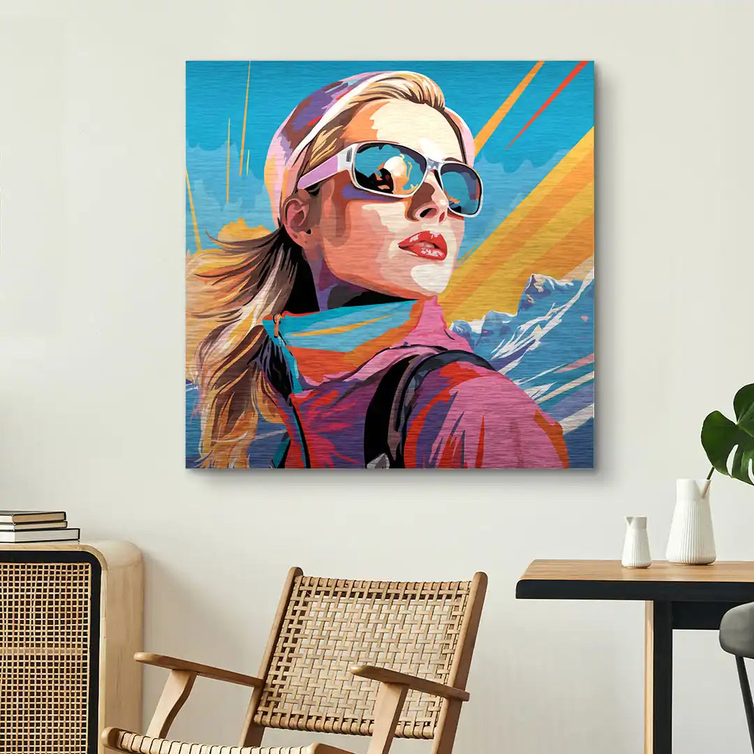 Modernes Wandbild einer Skifahrerin mit Sonnenbrille vor Bergkulisse im Pop Art Stil
