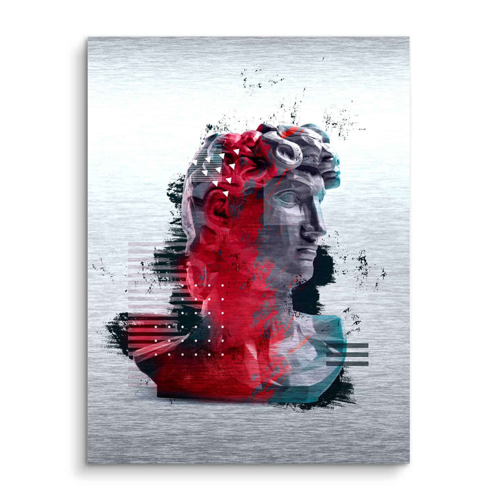 Modernes Wandbild mit abstrakter Skulptur eines Kopfes, silberner Hintergrund, kreative Farben