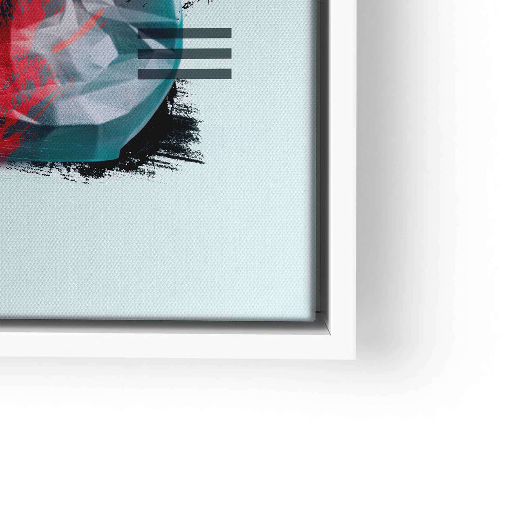 Modernes Wandbild mit abstrakter Kopf-Skulptur, farbigen Akzenten und weißem Rahmen