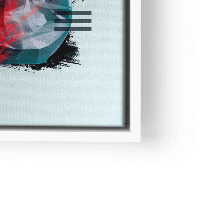 Modernes Wandbild mit abstrakter Kopf-Skulptur, farbigen Akzenten und weißem Rahmen