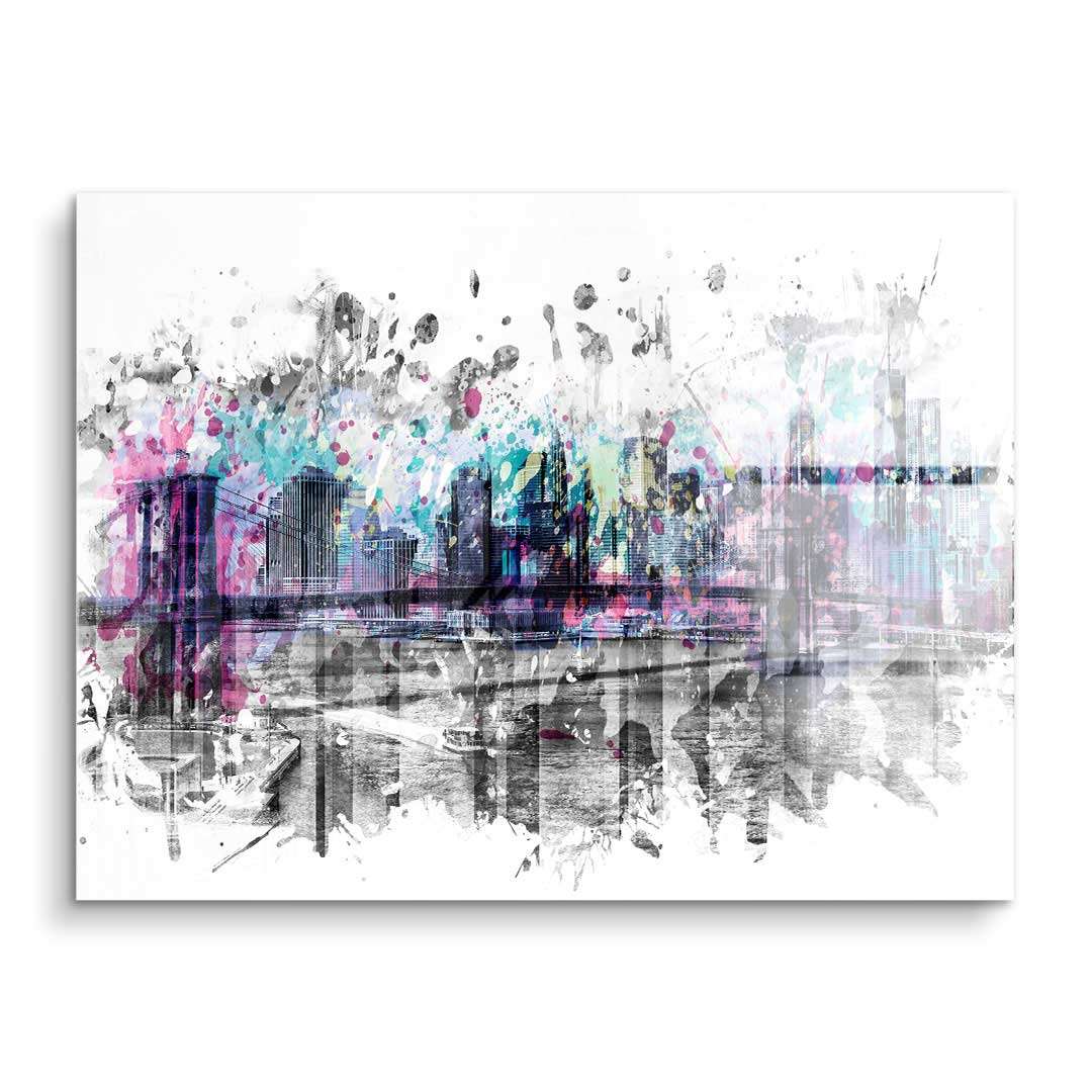 Modernes Wandbild Skyline New York bunt Acrylglas mit Brooklyn Bridge und Farbklecksen