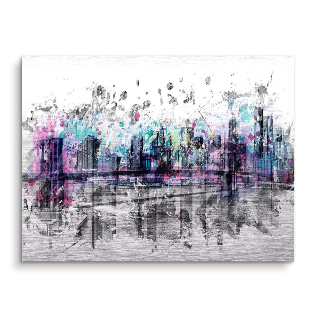 Modernes Wandbild mit Skyline von New York City, bunte Aquarell-Effekte, Brücke im Vordergrund