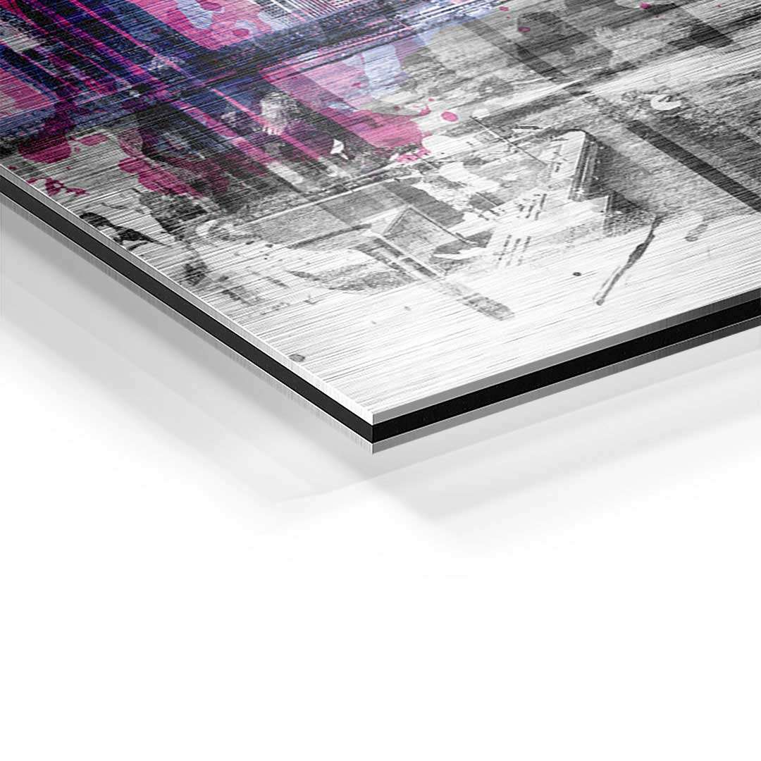Detailaufnahme Wandbild Skyline New York, moderne Kunst mit bunten Akzenten auf Aluminium
