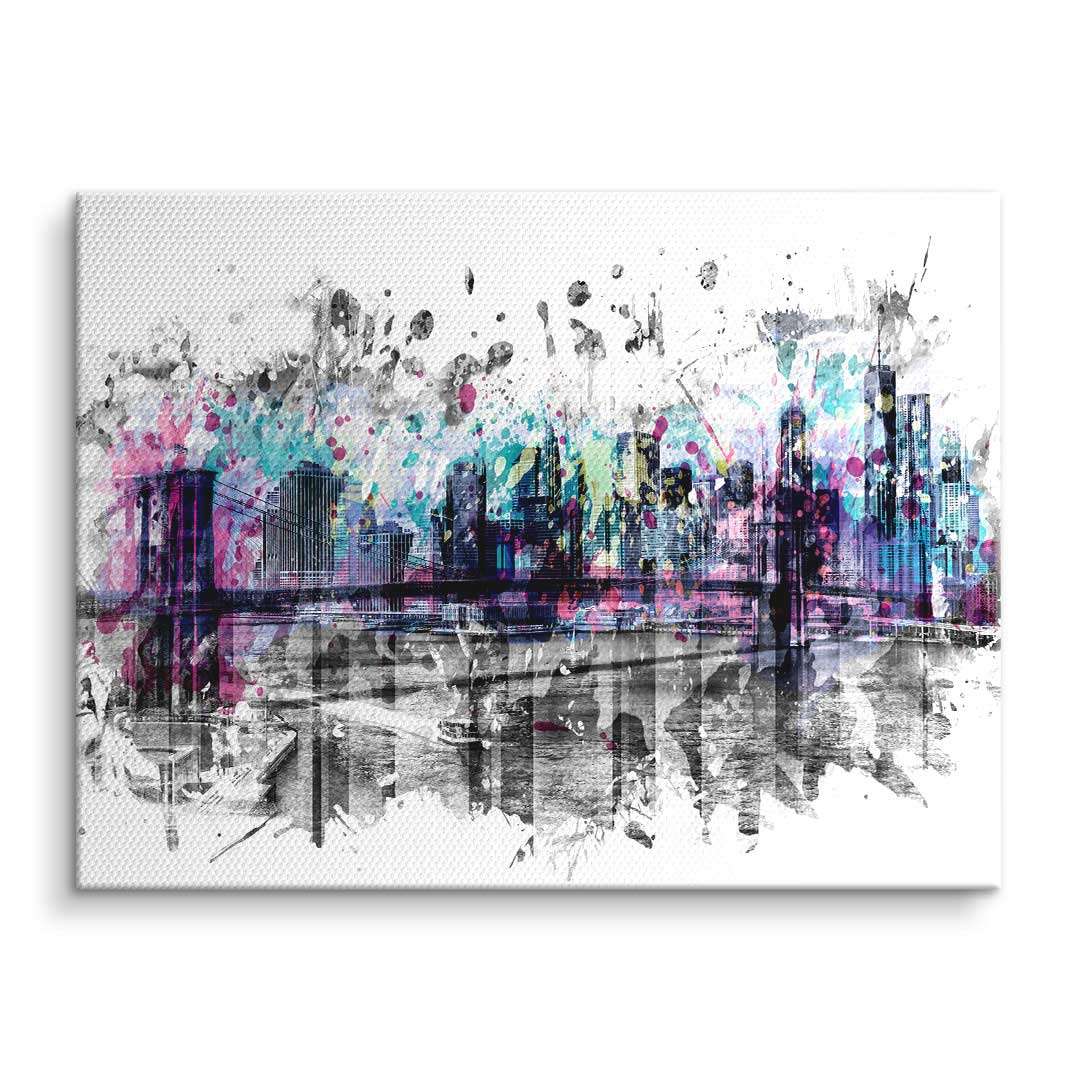 Modernes Wandbild mit Skyline von New York, Brücke und bunte Aquarellspritzer auf Leinwand