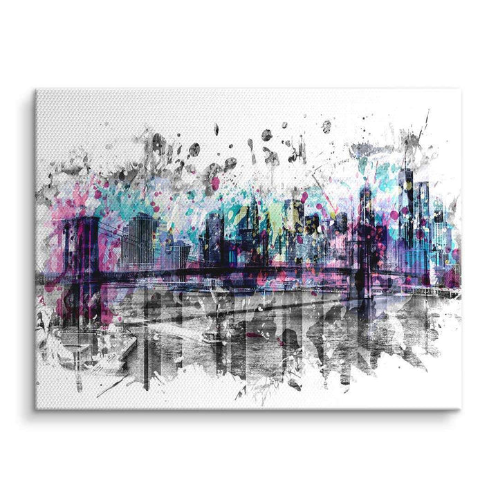 Modernes Wandbild mit Skyline von New York, Brücke und bunte Aquarellspritzer auf Leinwand