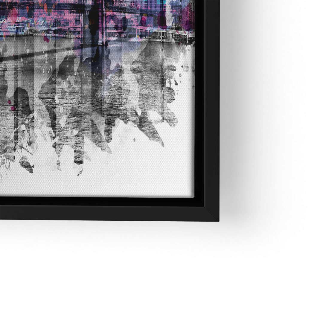Leinwandbild mit NYC Skyline, moderne Aquarellkunst in Schwarz-Weiß und Lila, Rahmenansicht
