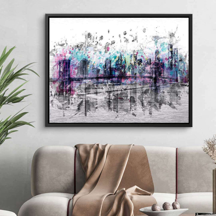 Modernes Wandbild mit bunter New York Skyline im Wohnzimmer, abstrakte Kunst auf Leinwand.