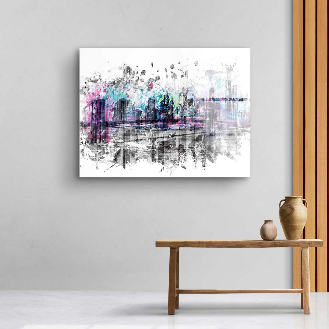 Modernes Wandbild mit abstrakter Skyline von New York in bunten Farben auf weißer Leinwand