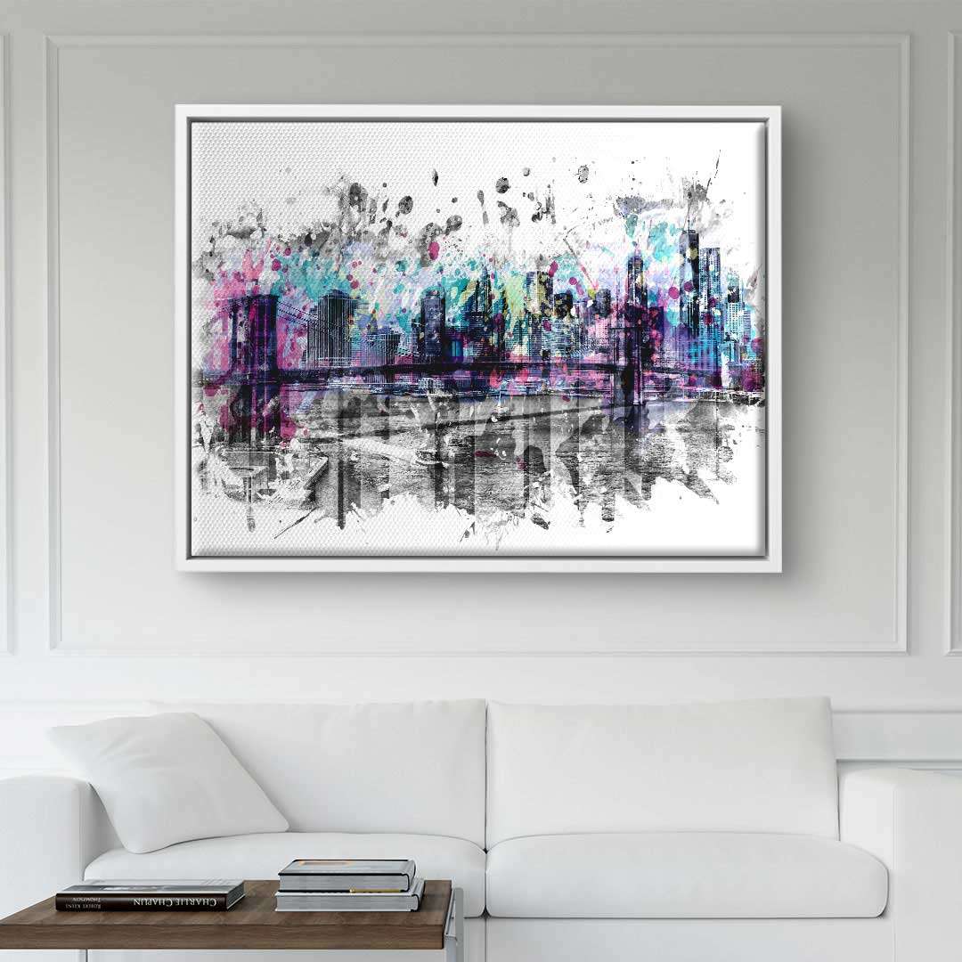 Modernes Wandbild mit bunter New York Skyline, abstrakte Kunst auf Leinwand im Wohnzimmer