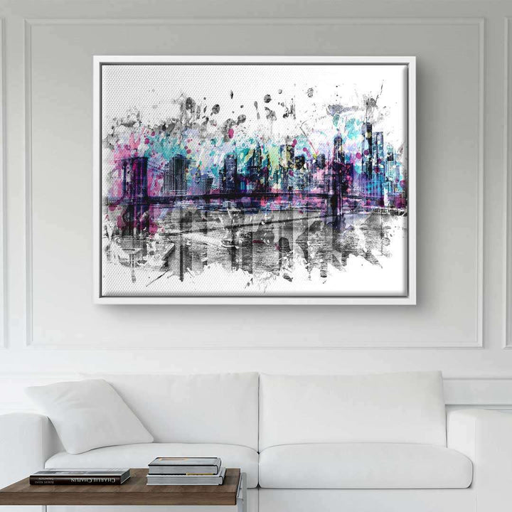 Modernes Wandbild mit bunter New York Skyline, abstrakte Kunst auf Leinwand im Wohnzimmer