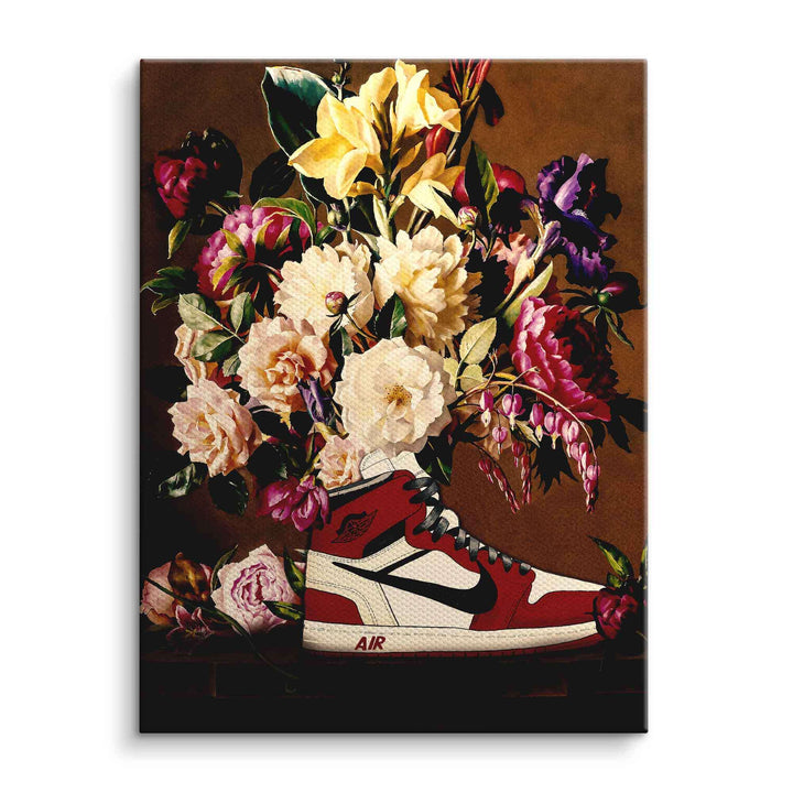 Modernes Wandbild mit Sneaker und buntem Blumenstrauß auf Leinwand, Pop Art Design
