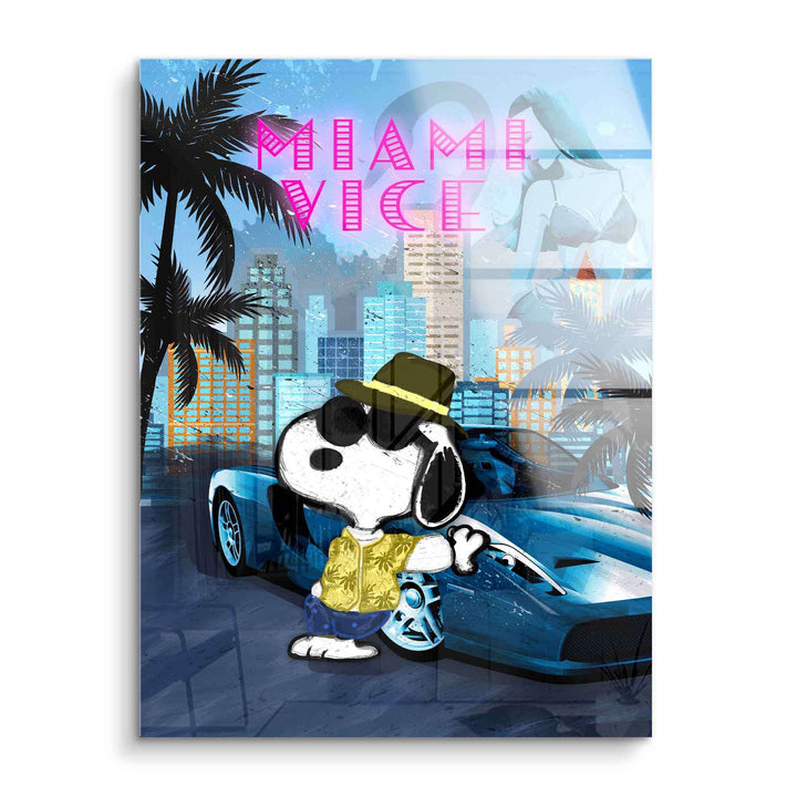 Wandbild mit Comic-Hund im Miami Vice Stil vor Sportwagen, Palmen und Skyline, Pop Art