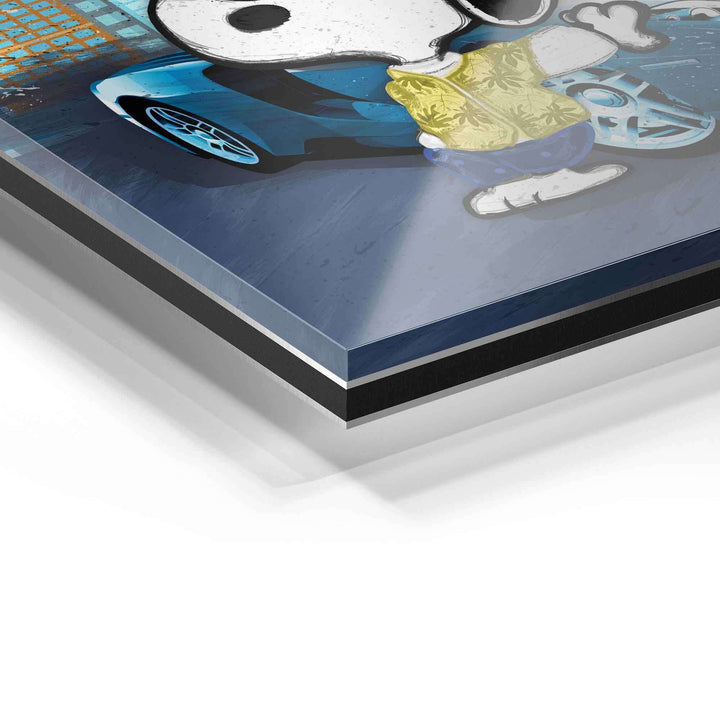 Detailaufnahme Acrylglas-Wandbild mit Comicmotiv, blauer Sportwagen, Pop Art Stil