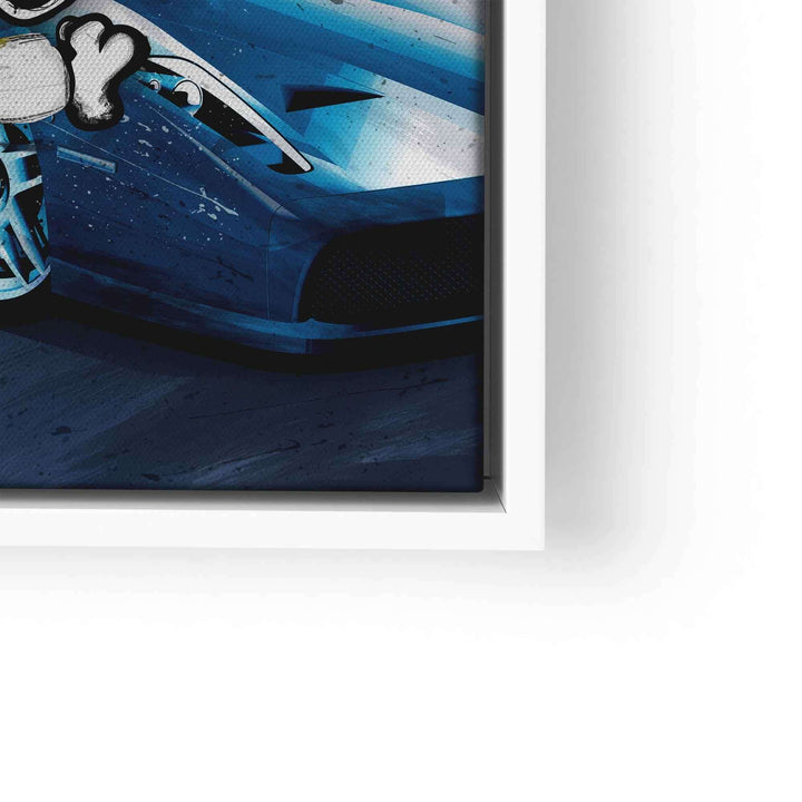 Modernes Wandbild mit Comicfigur und sportlichem Auto in blauen Farbtönen im Miami-Style