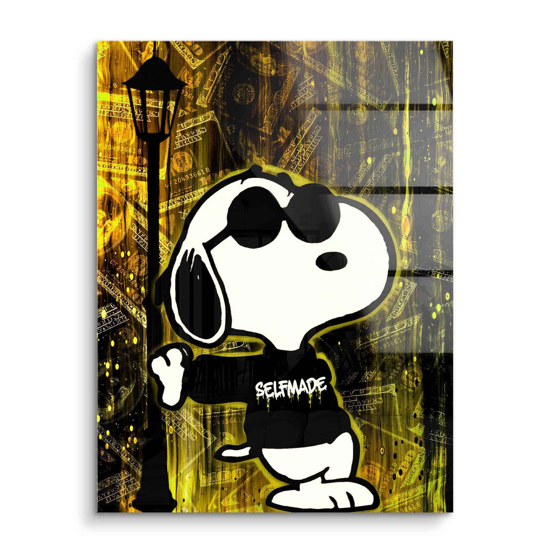 Pop Art Wandbild mit coolen Snoopy Comic Motiv, schwarzer Pulli Selfmade, Geldscheine, Acrylglas