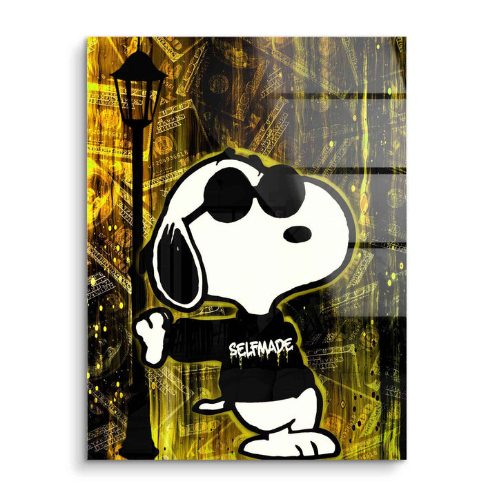 Pop Art Wandbild mit coolen Snoopy Comic Motiv, schwarzer Pulli Selfmade, Geldscheine, Acrylglas