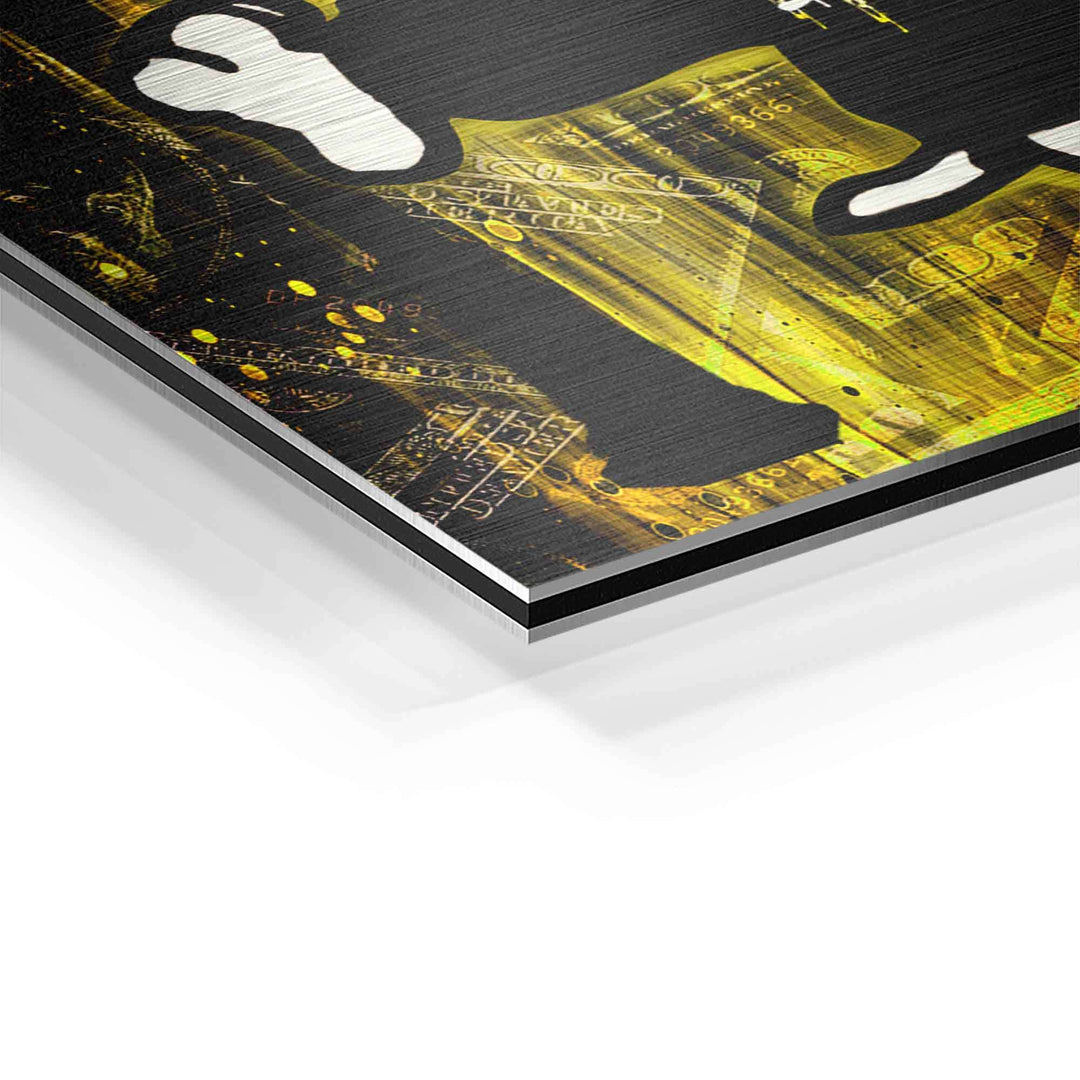 Detailaufnahme Wandbild Comic-Figur auf Aluminium, gelb-schwarzes Pop Art Design