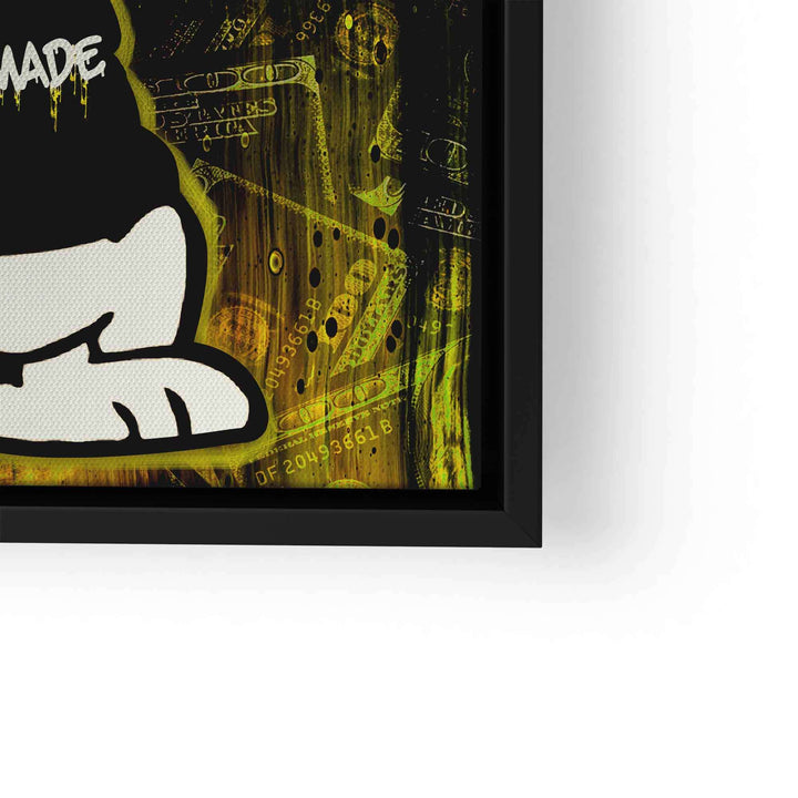 Modernes Pop Art Wandbild mit Comic-Figur und Dollar-Motiven, gelb-schwarze Farbtöne