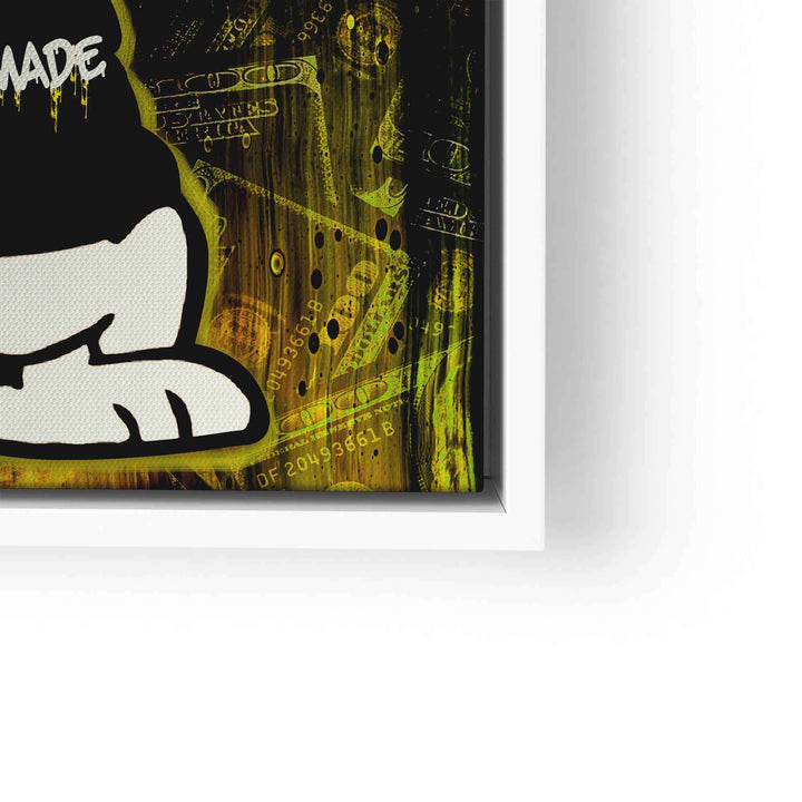 Modernes Wandbild mit Comicfigur, Geldschein-Motiv und gelb-grünem Hintergrund im Rahmen