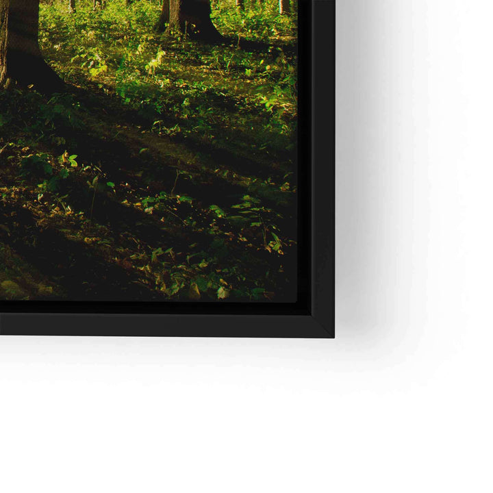 Wandbild mit Sonnenstrahlen durch grünen Wald, Naturmotiv in schwarzem Rahmen