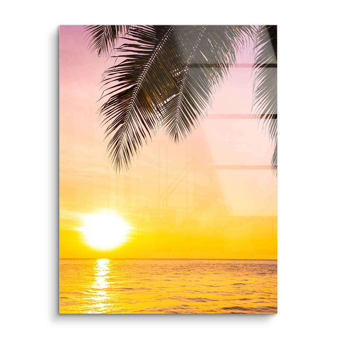 Acryl Wandbild Sonnenuntergang am Meer mit Palmen, gelber Himmel, Tropenmotiv