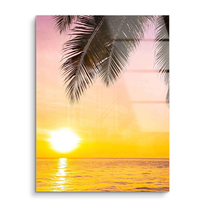 Acryl Wandbild Sonnenuntergang am Meer mit Palmen, gelber Himmel, Tropenmotiv