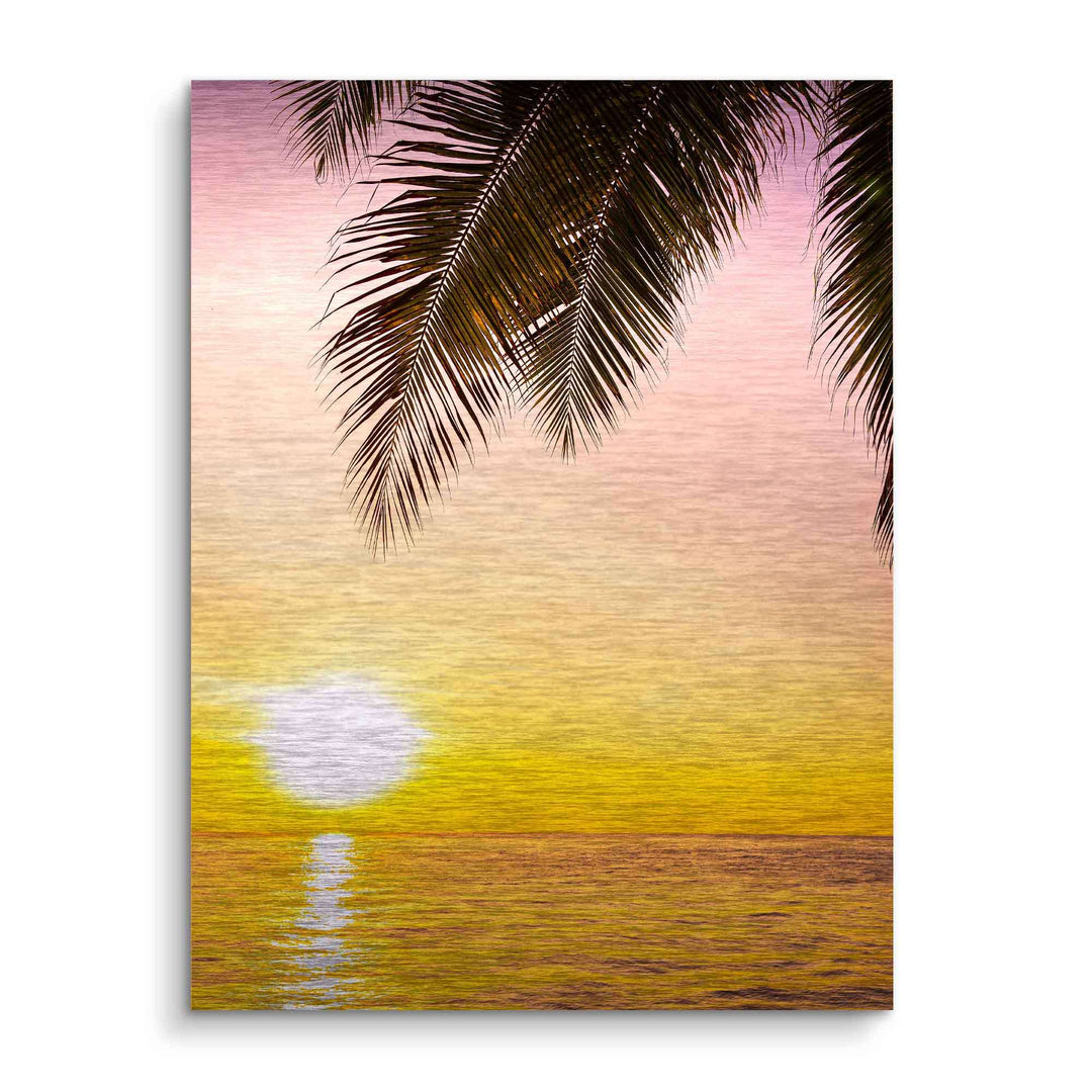 Wandbild mit Sonnenuntergang, Palme und Meer, tropisches Landschaftsmotiv in Pastellfarben