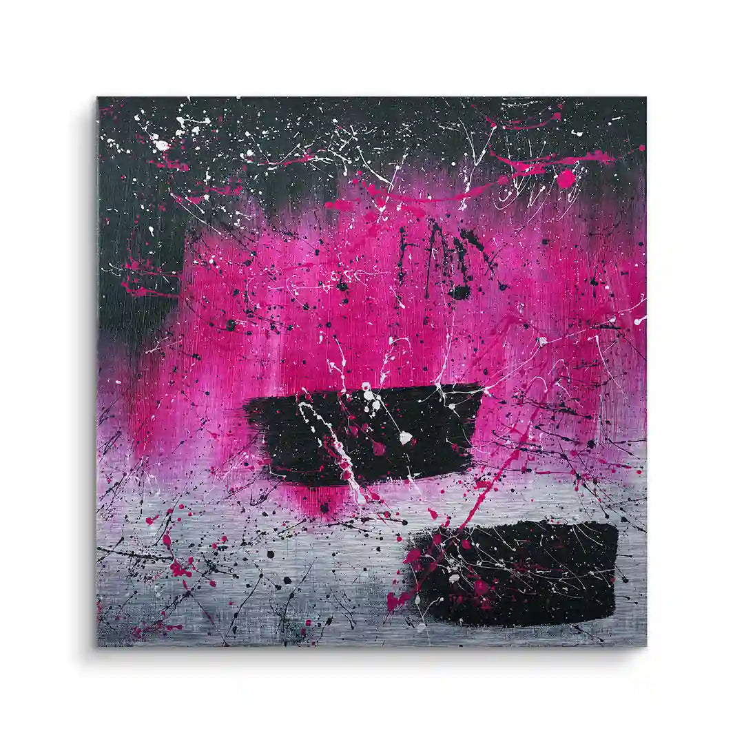 Abstraktes Wandbild mit pinken, schwarzen und weißen Farbakzenten im Space Kunst Stil