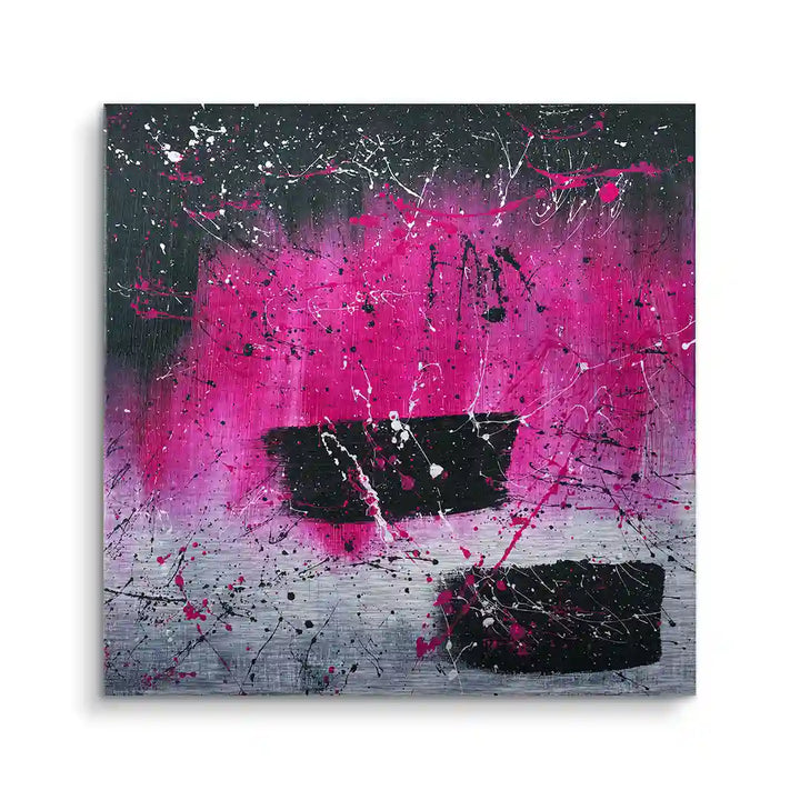 Abstraktes Wandbild mit pinken, schwarzen und weißen Farbakzenten im Space Kunst Stil
