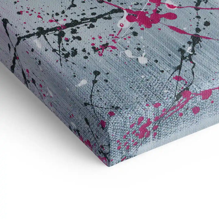 Detailansicht Leinwandbild mit abstrakter Space Kunst in Grau, Pink und Schwarz