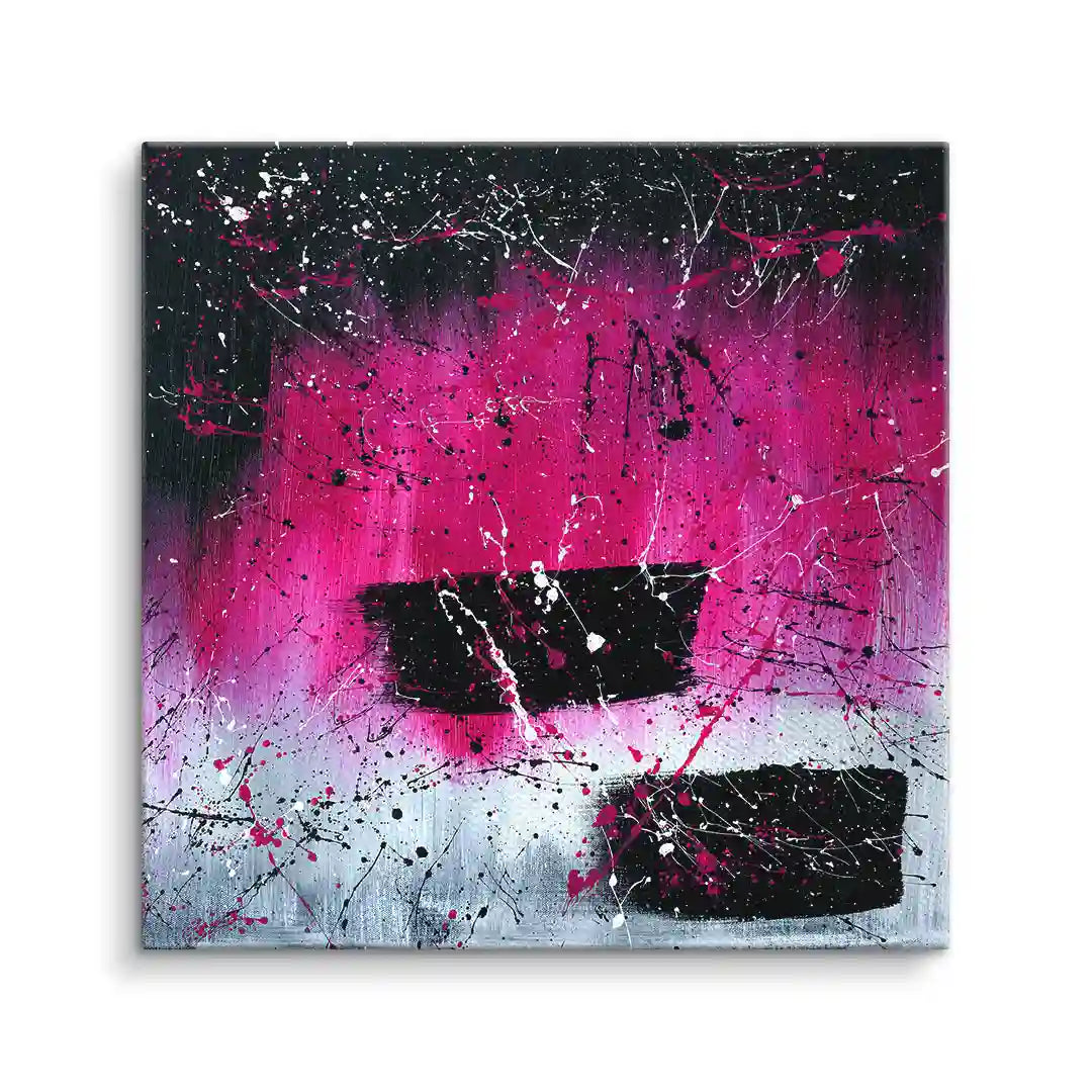 Abstraktes Wandbild mit pinken, schwarzen und weißen Farbspritzern auf Leinwand