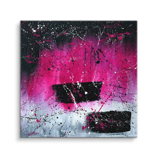 Abstraktes Wandbild mit pinken, schwarzen und weißen Farbspritzern auf Leinwand