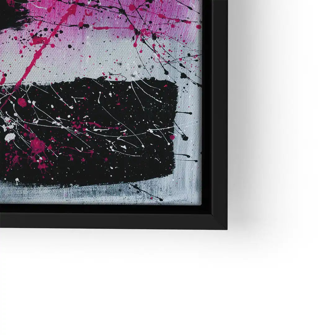 Modernes Wandbild mit abstrakter Space Kunst in Schwarz, Pink und Weiß, Sprüh- und Klecksoptik