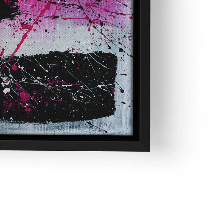 Modernes Wandbild mit abstrakter Space Kunst in Schwarz, Pink und Weiß, Sprüh- und Klecksoptik