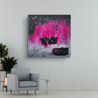 Modernes Wandbild in Pink und Schwarz mit abstraktem Space-Motiv in Wohnzimmer, Kunst kaufen