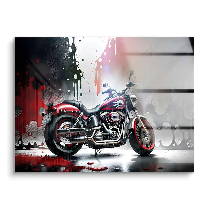 Modernes Acrylglas Wandbild mit rotem Motorrad und Splash-Effekt, urbaner Kunstdruck