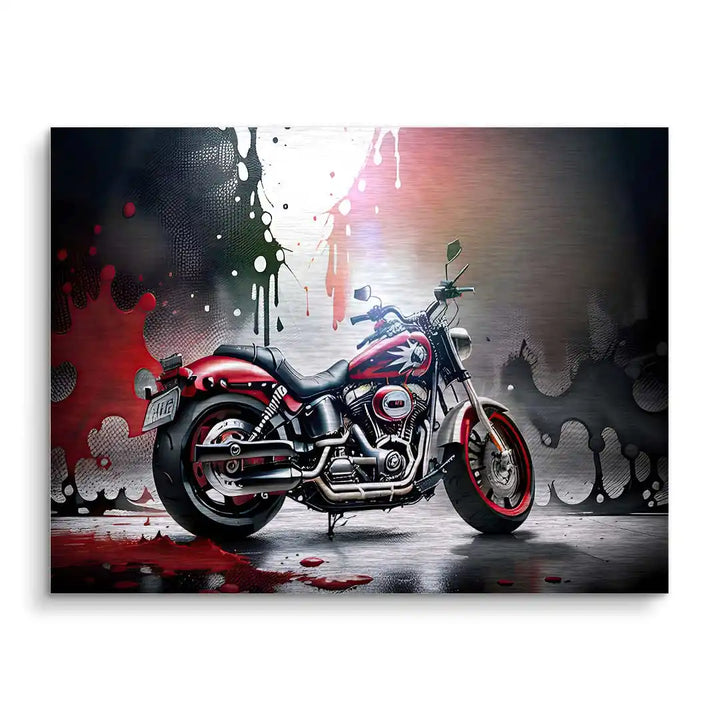 Modernes Wandbild mit rotem Motorrad im Splash-Design auf künstlerischem Hintergrund