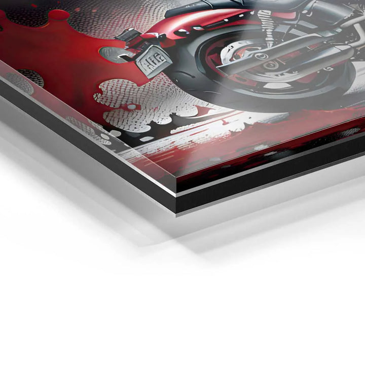 Detail Acrylglas-Wandbild mit rotem Motorrad, Splash-Effekt und Pop Art Stil
