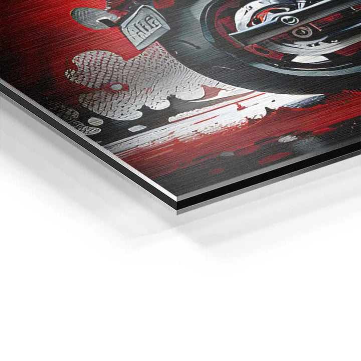 Detailansicht Wandbild mit Motorrad-Motiv, rotem Splash-Effekt und gebürsteter Oberfläche