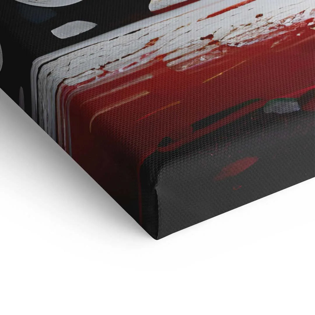 Detailaufnahme Leinwandbild mit abstrakten Farbklecksen in Rot, Weiß und Schwarz